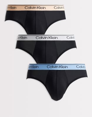 Calvin Klein Microfiber Stretch 3 pack hipster briefs in black with colored waistbands