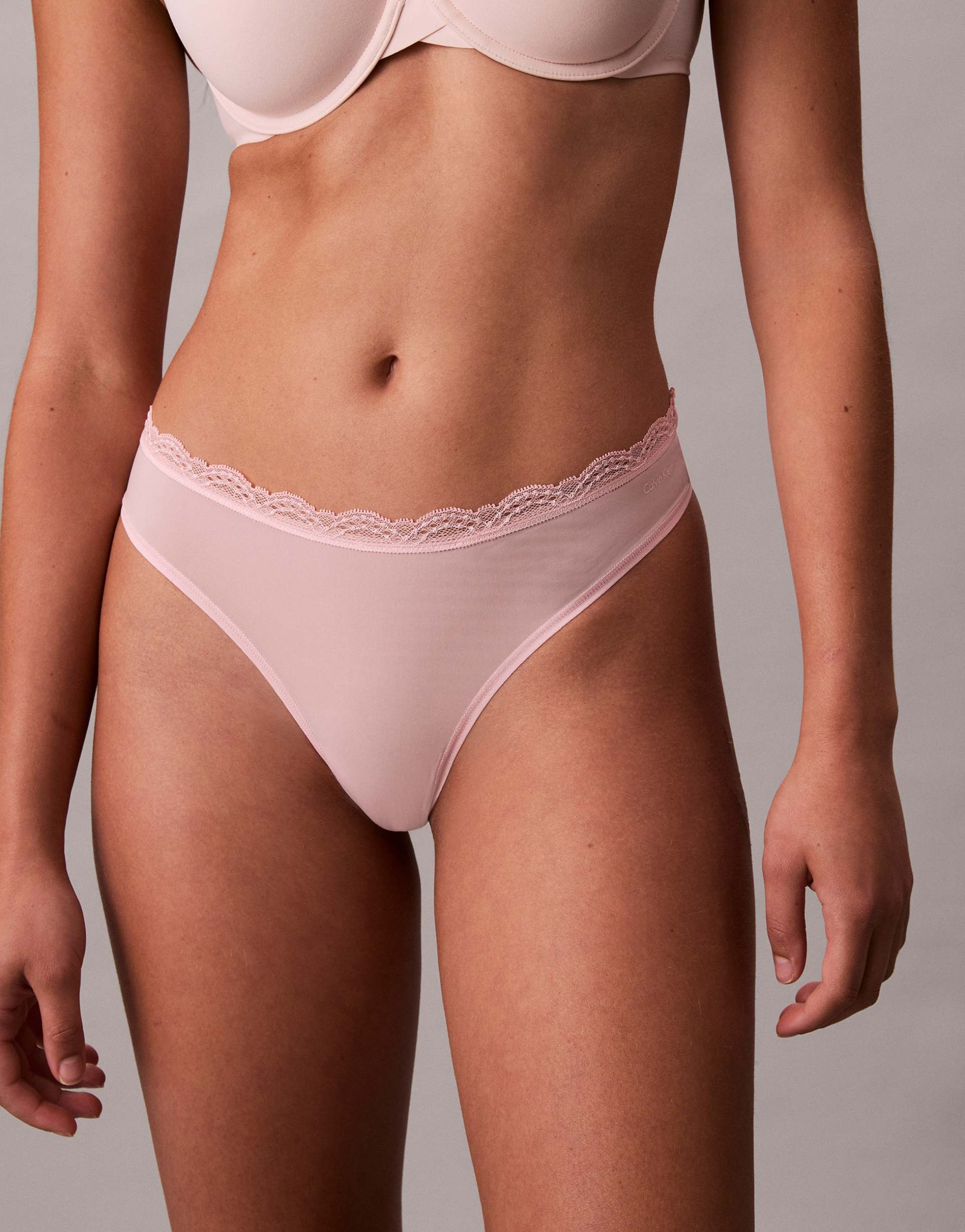 calvin klein microfiber stretch thong with lace trim in baby pink