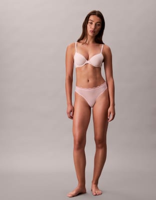 Calvin Klein Microfiber Stretch Thong With Lace Trim In Pink
