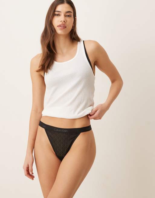 Calvin Klein Microfibre lace thong in black, 2 of 4