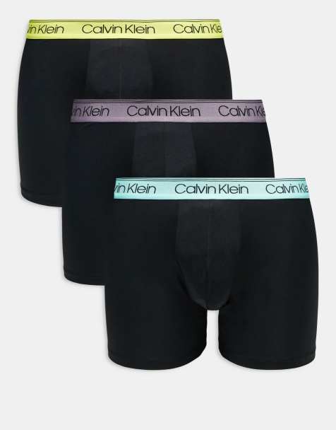 Calvin Klein microfibre stretch 3 pack boxer briefs in black with mint/blue/yellow waistband - view 1
