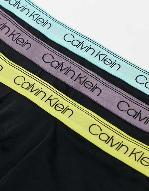 Calvin Klein microfibre stretch 3 pack boxer briefs in black with mint/blue/yellow waistband, 2 of 3
