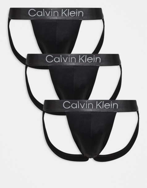 Calvin Klein microfibre stretch 3 pack jock straps in black with grey waistband - view 1