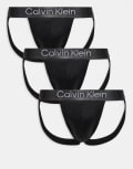 [Calvin Klein] Calvin Klein microfibre stretch 3 pack jock straps in black with grey waistband 52 BLACK, BLACK, BLACK
