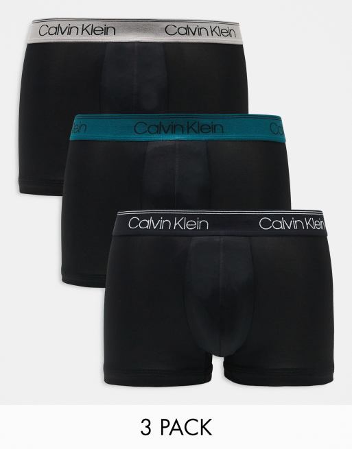 Calvin Klein Microfibre Stretch 3 pack low rise trunk with coloured waistband in black ASOS