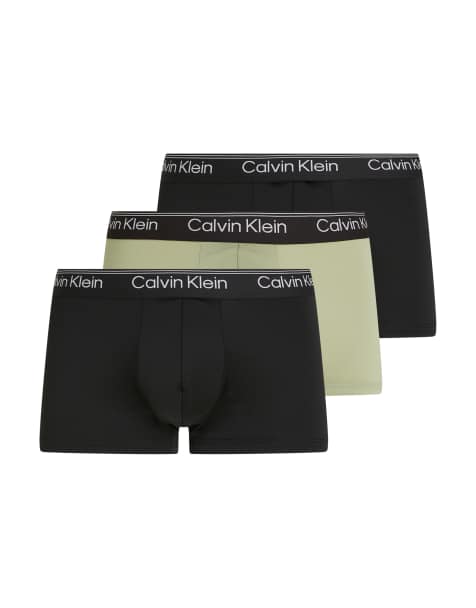 Calvin Klein microfibre stretch 3 pack low rise trunks in black with mint/blue/yellow waistband - view 1