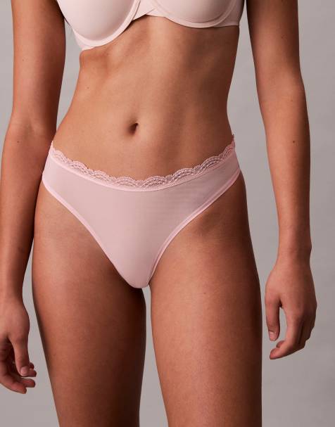 Calvin Klein Microfibre stretch thong with lace trim in baby pink - view 1