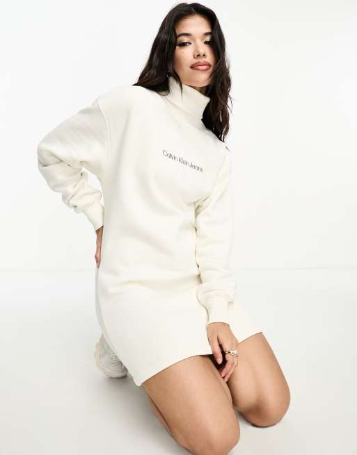 Calvin Klein – Midikleid in Weiß mit Logo und Rollkragen