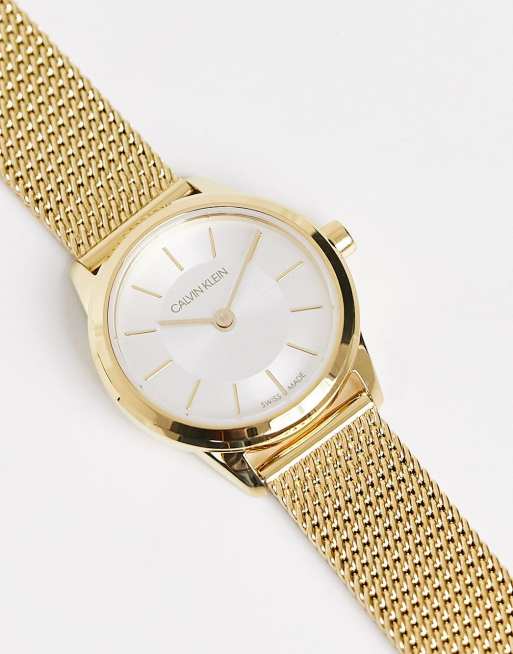 Calvin Klein mini dial mesh strap watch in gold tone