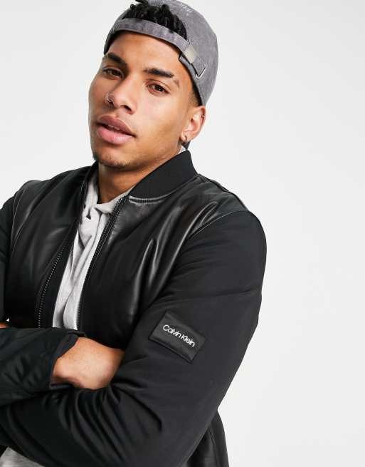 Calvin Klein mixed media leather jacket in black ASOS