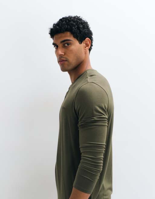 Calvin Klein Modal long sleeve henley T-shirt in olive, 3 of 5