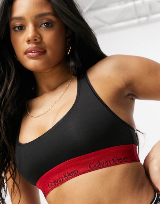 Calvin Klein Plus Size Modern Cotton bralette with red metallic logo  waistband in black