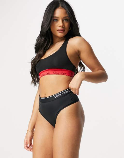 Calvin Klein Modern Cotton bralette with red metallic logo waistband in  black