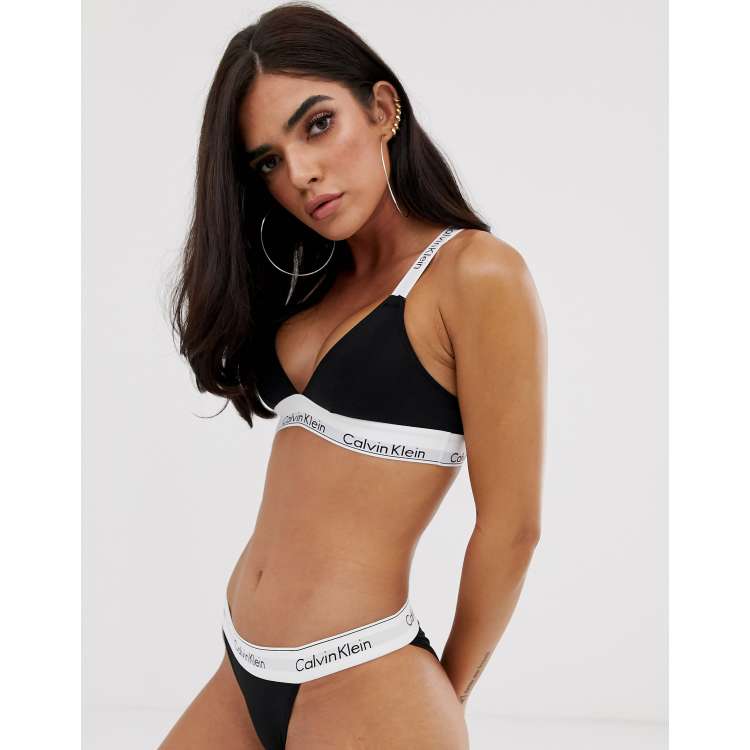 Calvin Klein Modern Cotton branded strap unlined triangle bralette in black