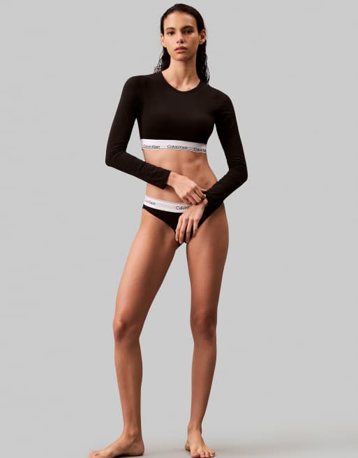 Calvin Klein - Modern Cotton - Licht gevoerde crop top met logobies en lange mouwen in zwart