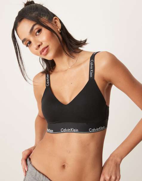 Calvin Klein modern cotton lightly lined logo tape bralette in black - view 1
