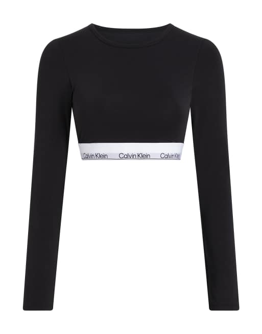 Calvin Klein Modern Cotton lightly lined long sleeve crop top with logo taping in black, 2 of 4