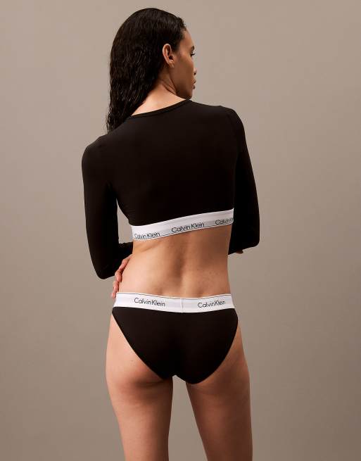Calvin Klein Modern Cotton lightly lined long sleeve crop top with logo taping in black, 3 of 4