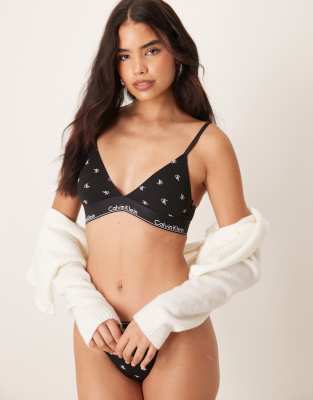 Calvin Klein Modern Cotton lightly lined plunge triangle bralette in all over print in black φωτογραφία