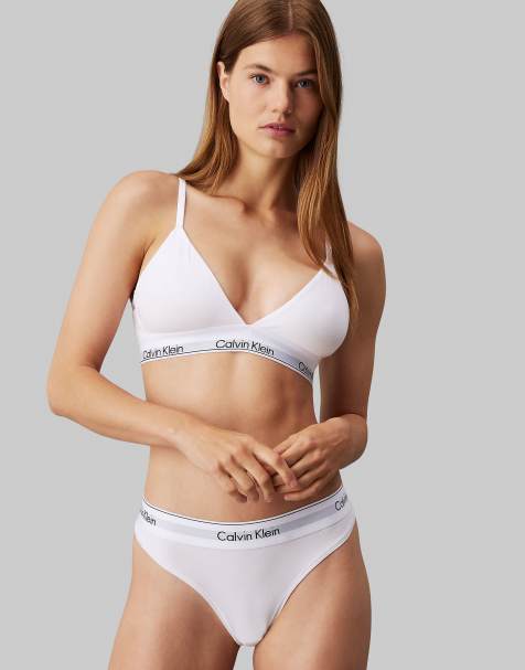 Calvin Klein modern cotton lightly lined triangle logo tape bralet in white - view 1