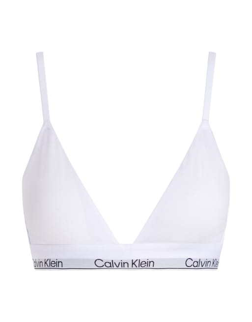 Calvin Klein Modern Cotton lightly lined triangle logo tape bralet in white, 2 of 4