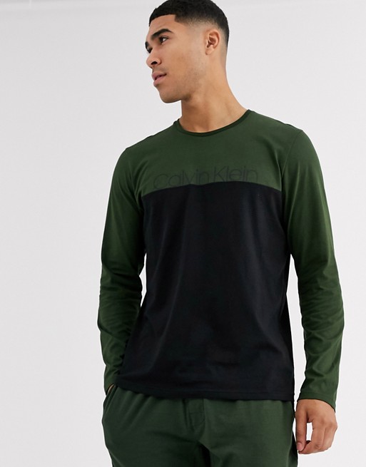 Calvin Klein Modern Cotton Stretch colour block long sleeve logo t-shirt in khaki