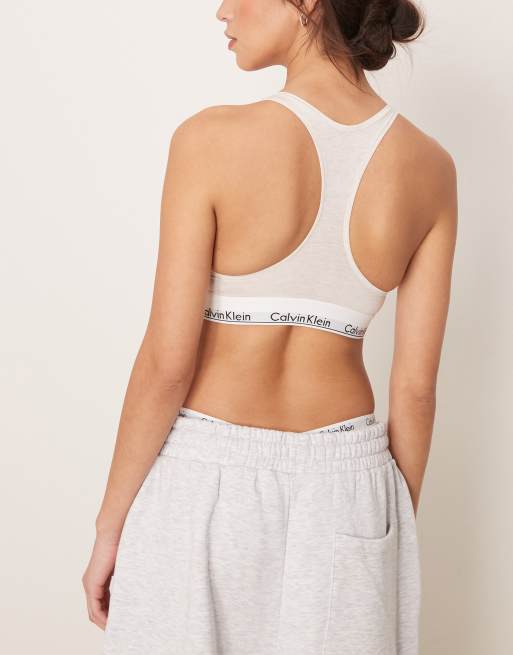 Calvin Klein Modern Cotton unlined racerback bralet with logo taping in oatmeal, 3 of 4