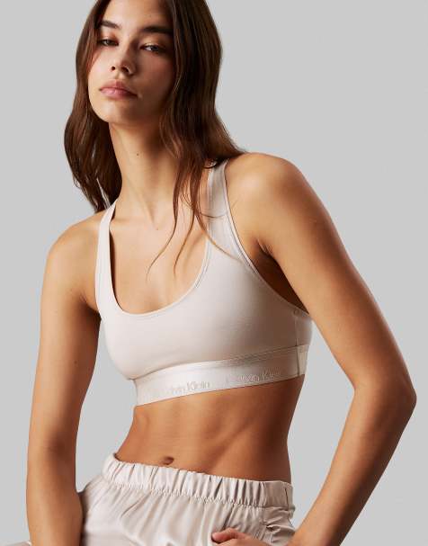 Calvin Klein Modern Cotton unlined racerback bralette with metallic logo taping in cream - view 1