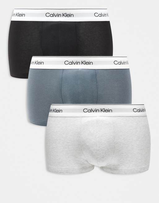 Calvin Klein – Modern Cotton – Zestaw 3 par bokserek z obniżonym stanem w kolorach niebieskim, szarym i czarnym