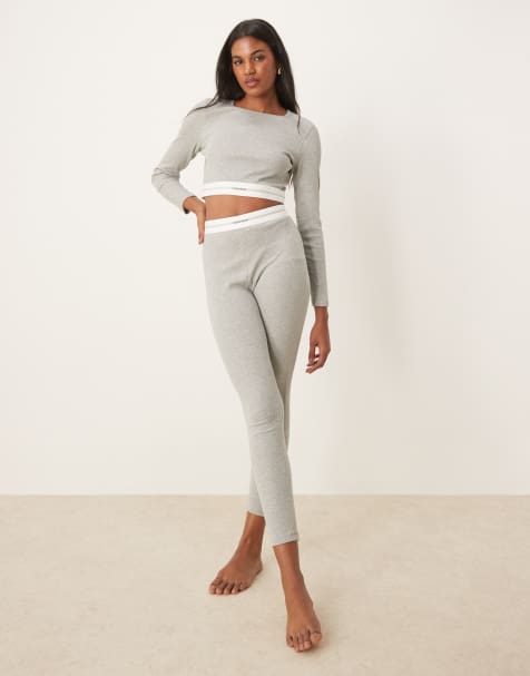 Calvin Klein - Modern - Grå ribstrikkede lounge-leggings med logo-taljebånd - view 1