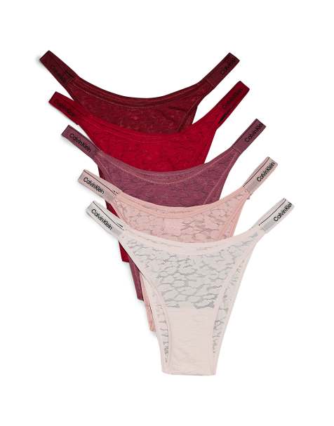 Calvin Klein – Modern Lace – 5er-Pack String-Tangas aus Spitze in verschiedenen Farben mit vorne abfallendem Saum - view 1