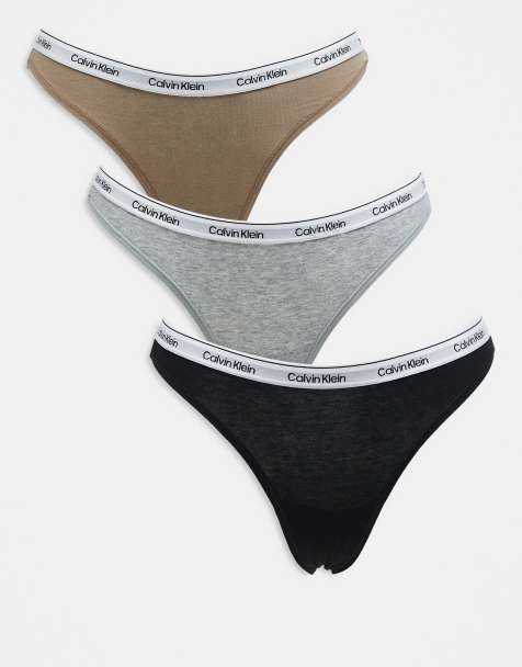 Calvin Klein Modern Logo 3 pack logo waistband thong in brown/white/black