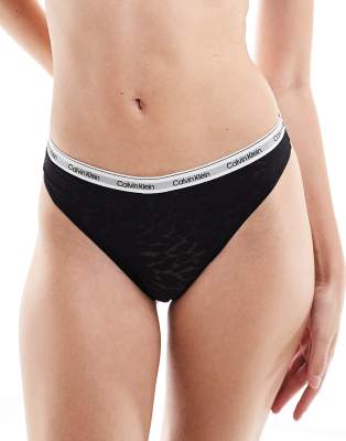 Calvin Klein Modern logo high leg lace lingerie thong in black