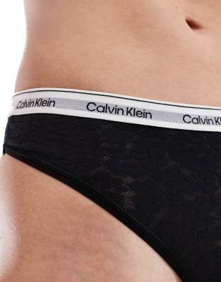 Calvin Klein Modern Logo High Leg Lace Thong In Black