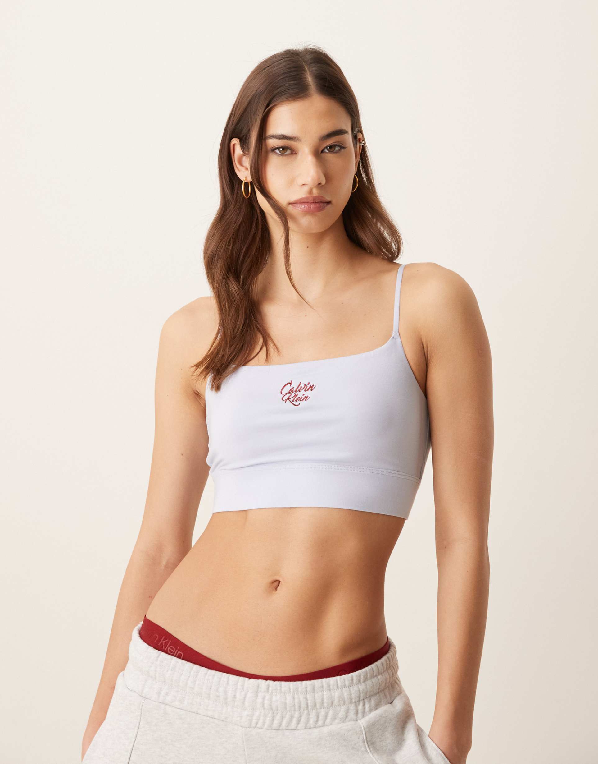 calvin klein modern logo patch bralette in pale blue and burgundy