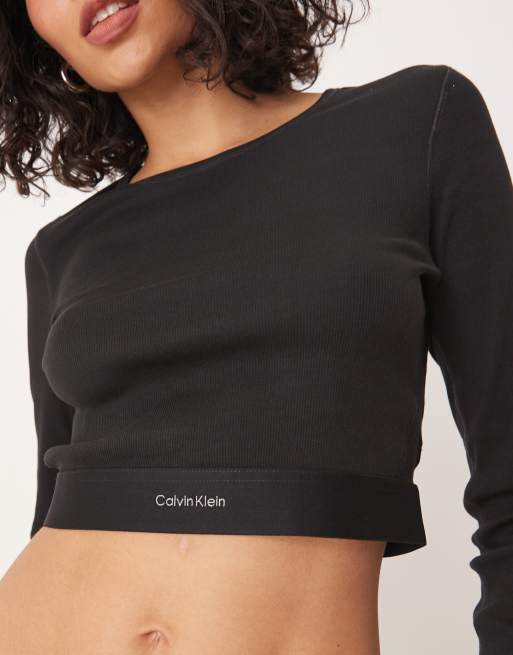 Calvin Klein – Modern – Prążkowany czarny top z długim rękawem, 4 z 4
