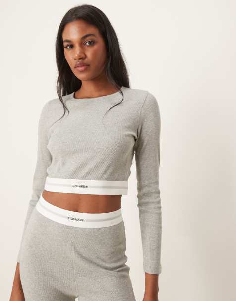 Calvin Klein modern rib crop long sleeve top in gray - view 1