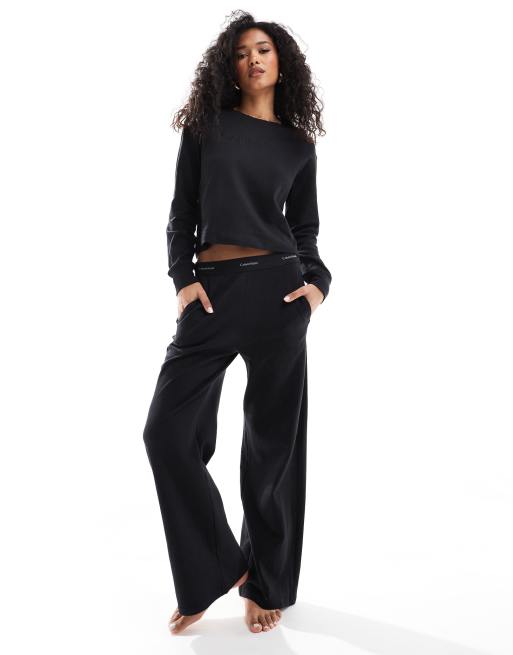 Calvin Klein Modern Terry lounge wide leg pant with logo waistband in black