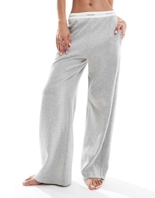 Calvin Klein Modern Terry lounge wide leg pant with logo waistband in grey