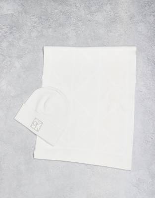 Calvin Klein monogram beanie and scarf gift set in off white
