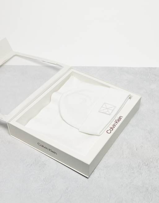 Calvin Klein monogram beanie and scarf gift set in off white