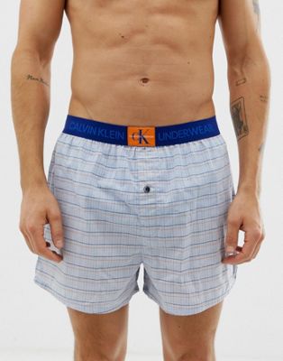 Calvin Klein – Monogram – Blekblå rutiga vävda boxershorts med smal passform
