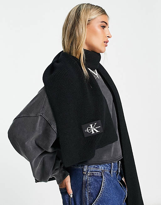 Calvin Klein monogram logo patch scarf in black | ASOS