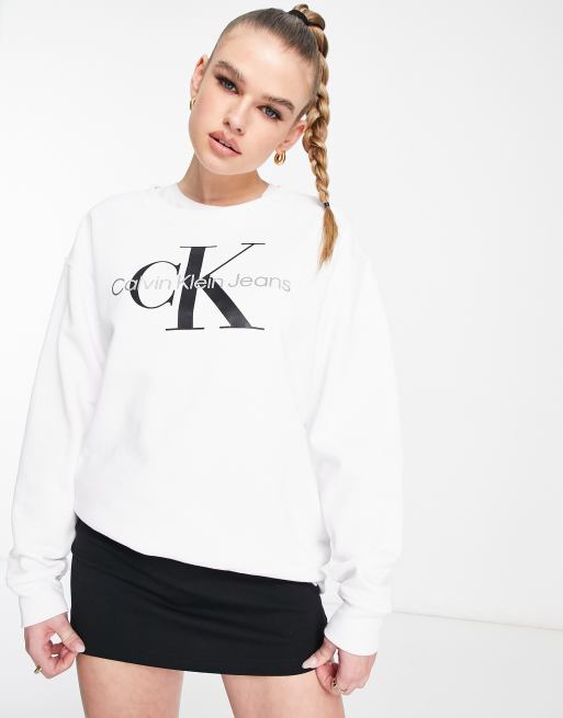 Calvin Klein Monogram Logo Mock Neck Sweatshirt in White