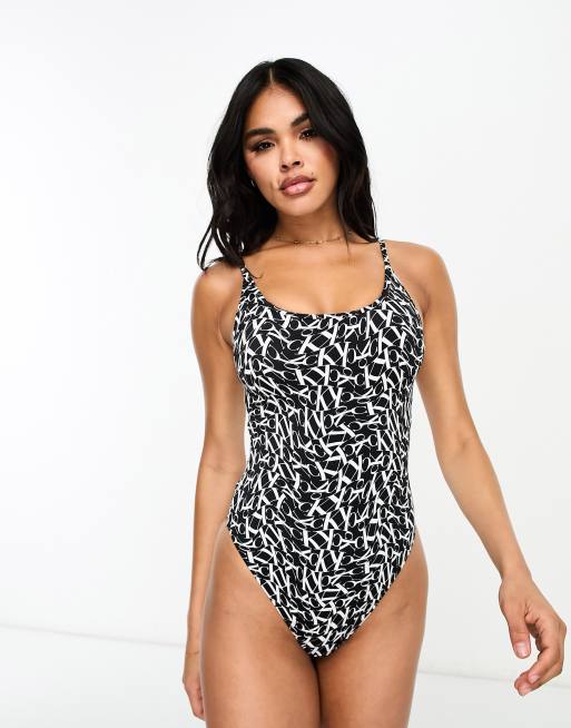 Calvin Klein monogram print scoop swimsuit in black