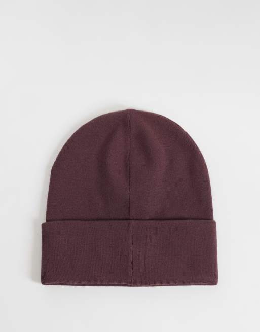 Calvin Klein monogram rib beanie with pink logo in burgundy, 2 of 3