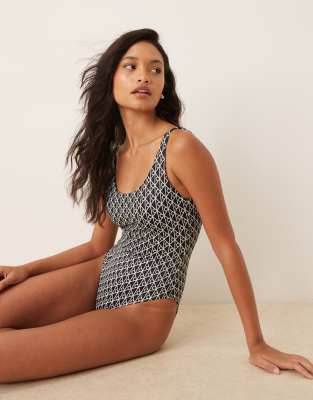 Calvin Klein Monogram Scoop Back One Piece Swimsuit In Blue