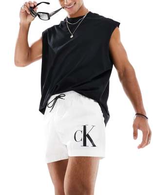 Calvin Klein monogram short drawstring swim shorts in white