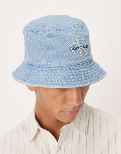 Calvin Klein Monologo embroidered denim bucket hat in light wash blue, 3 of 3
