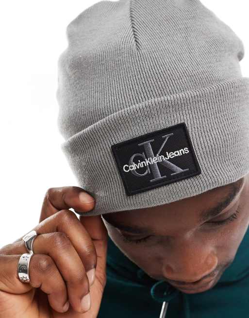 Calvin Klein monologo patch beanie in grey, 2 of 4